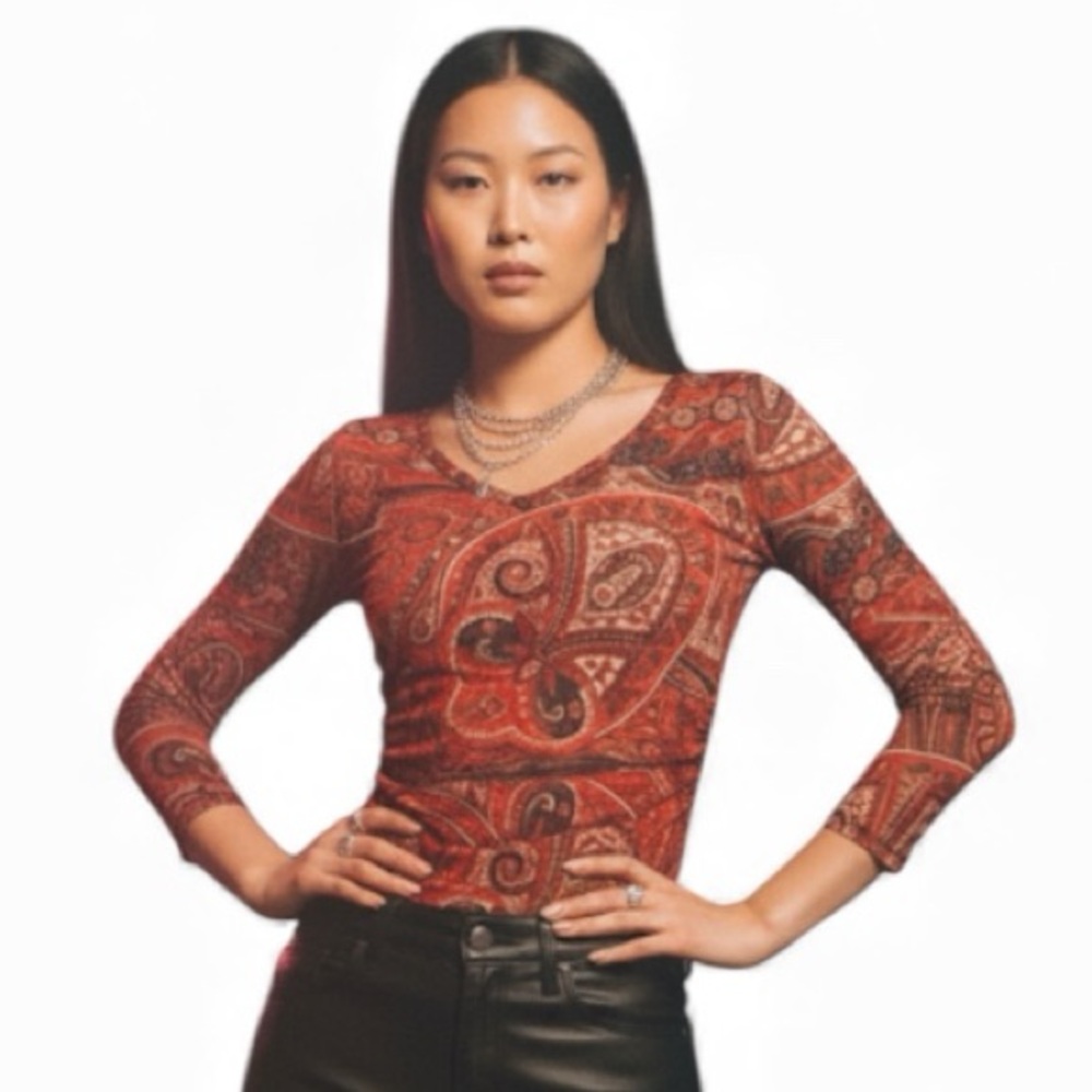INC International Concepts Rust Paisley Print V-Neck Long Sleeve Top